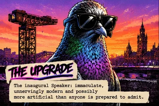 Illustration of The Upgrade with a Glasgow backdrop and character description