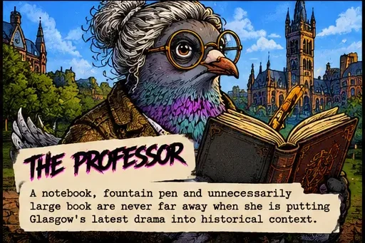 Illustration of The Professor with a Glasgow backdrop and character description