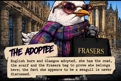 Illustration of The Adoptee with a Glasgow backdrop and character description