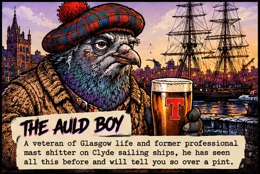 Illustration of The Auld Boy with a Glasgow backdrop and character description