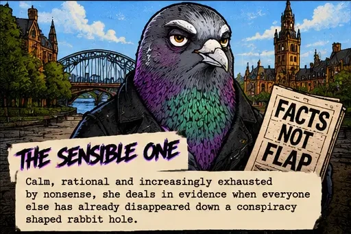 Illustration of The Sensible One with a Glasgow backdrop and character description