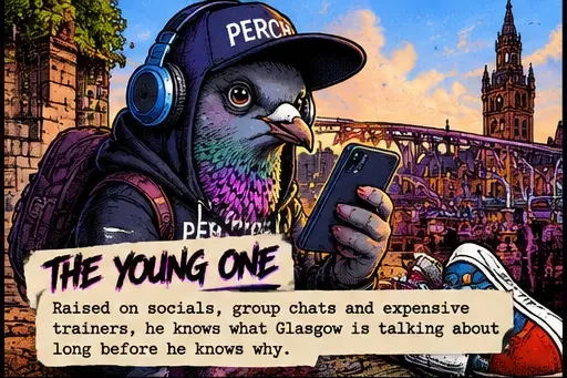Illustration of The Young One with a Glasgow backdrop and character description